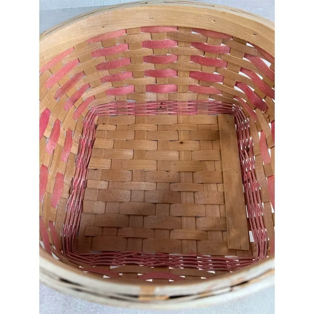 Vintage Pink and wood Woven‎ Basket with Handle 9”x9” Round